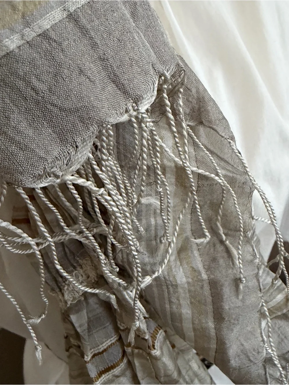 Eileen Fisher 100% Silk Crinkle Scarf Wrap Gray Taupe Stripe Fringe MSRP $179